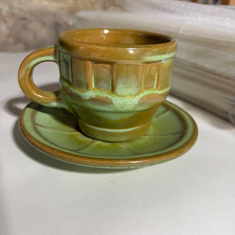 Frankoma Pottery Prairie Green Wagon Wheel Cup and Saucer Set 94S Vintage